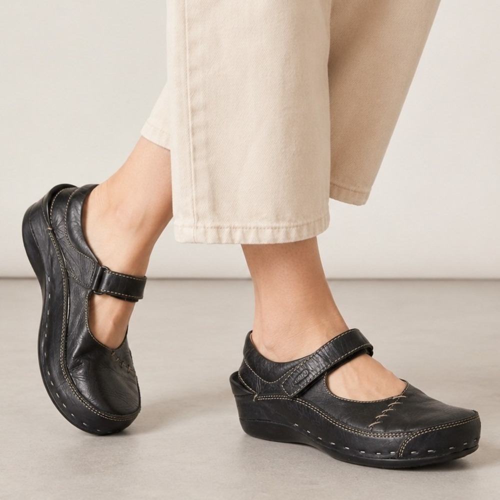 Wolky Black Leather Mary Jane Clogs Contrast Stitch Shoes EU 39 US 8.5 Lagenlook